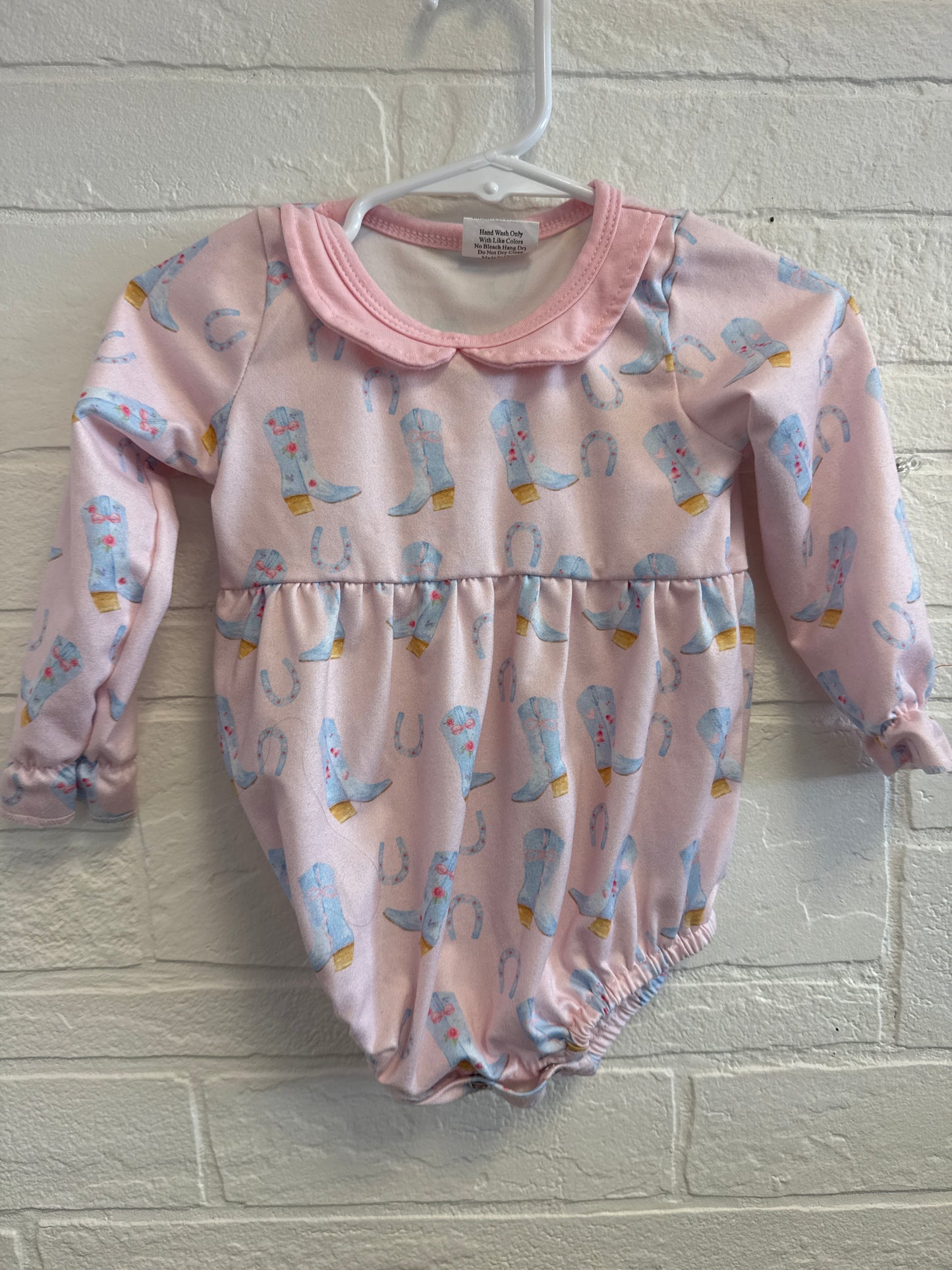 3-6m Pink Cowboy Boots + Horseshoes Bubble Romper