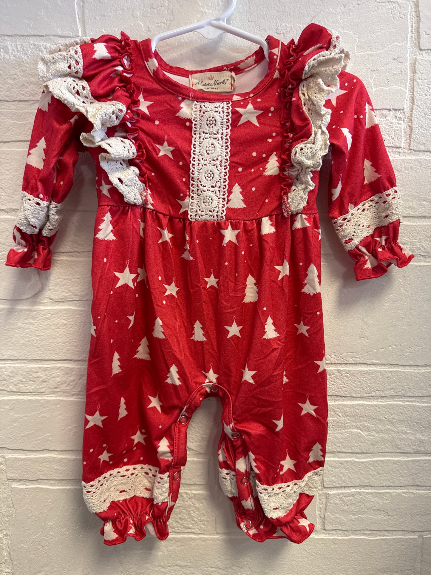 3-6m Marie Nicole Red Tree+Stars Romper