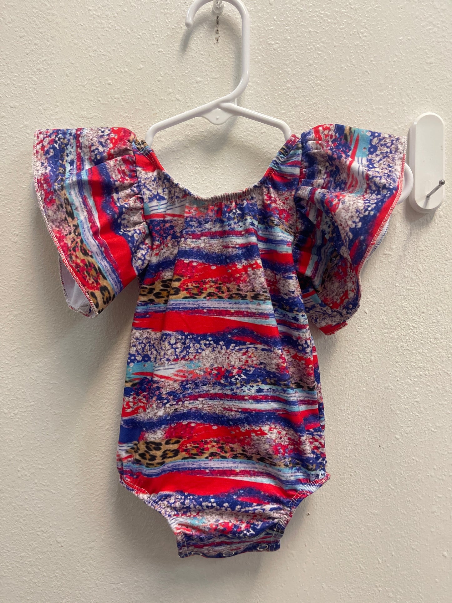 0/3m RWB + Cheetah Stripe Ruffle Sleeve Romper