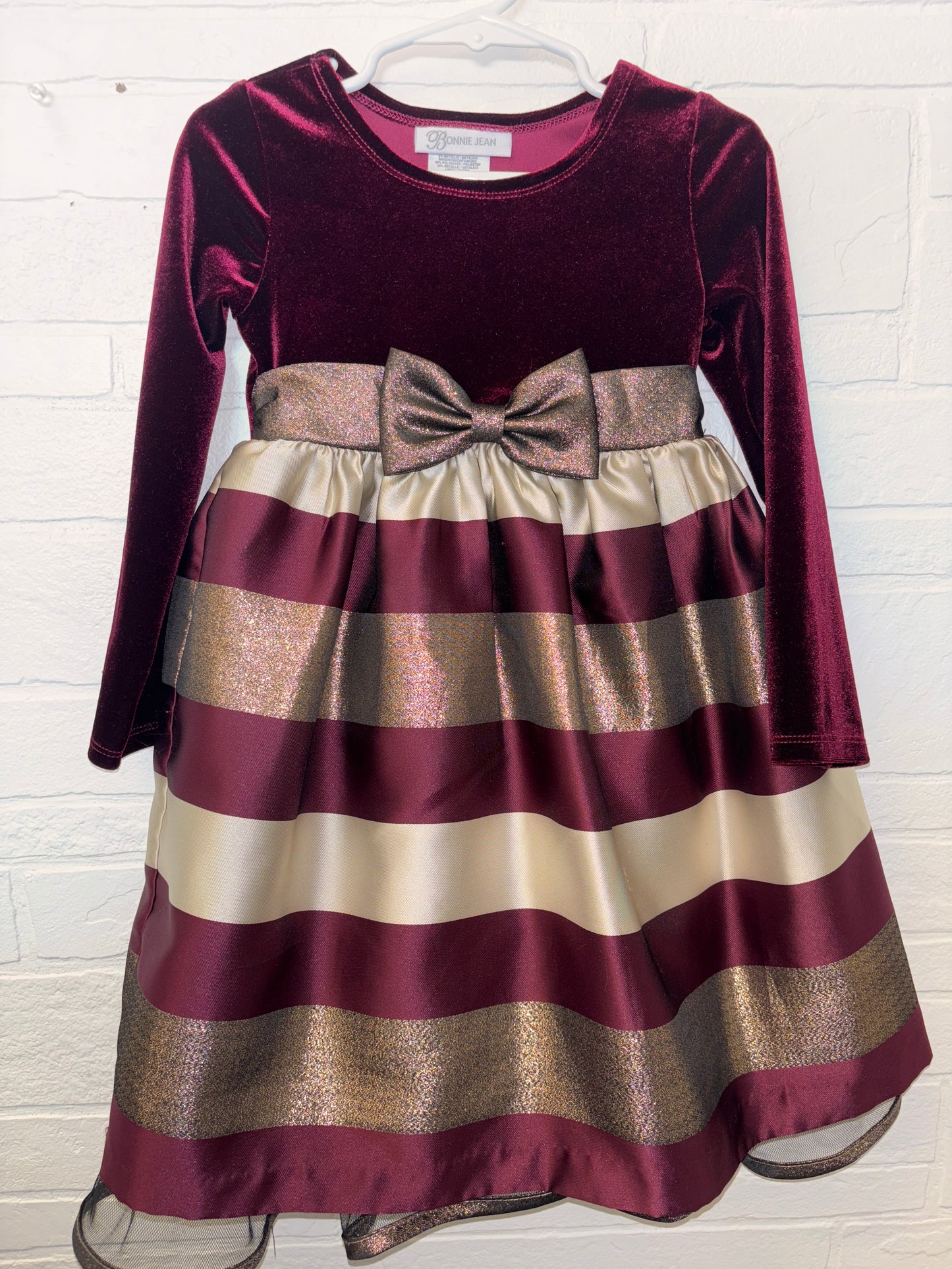 4T Bonnie Jean Maroon & Gold Velvet Stripped Long Sleeve Dress