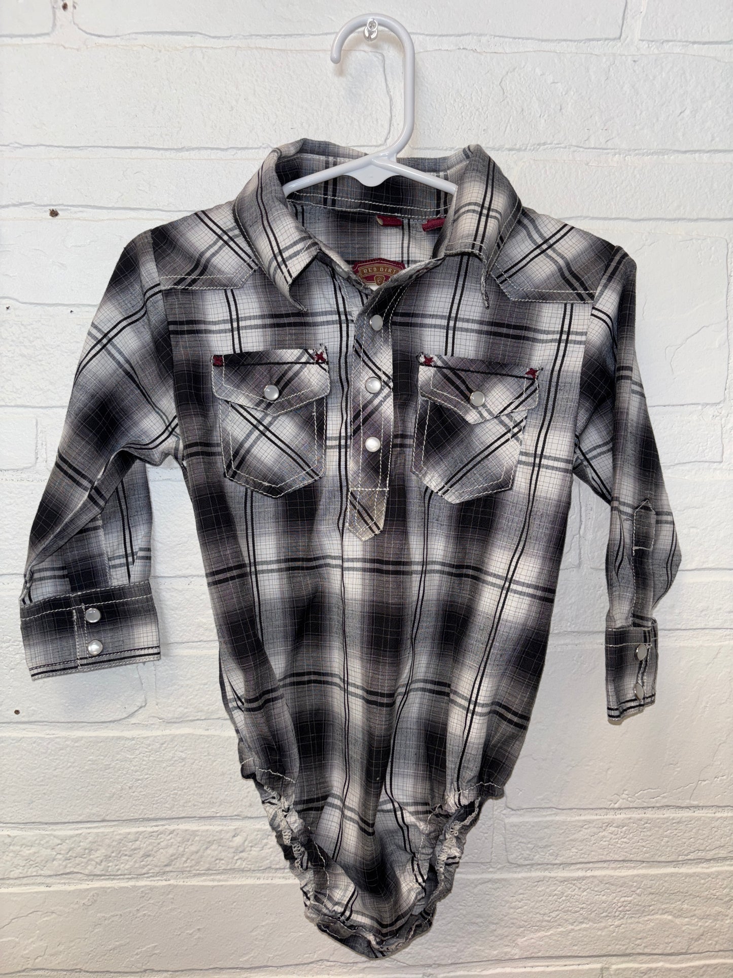 18m Red Dirt Black Plaid Pearl Snap Romper