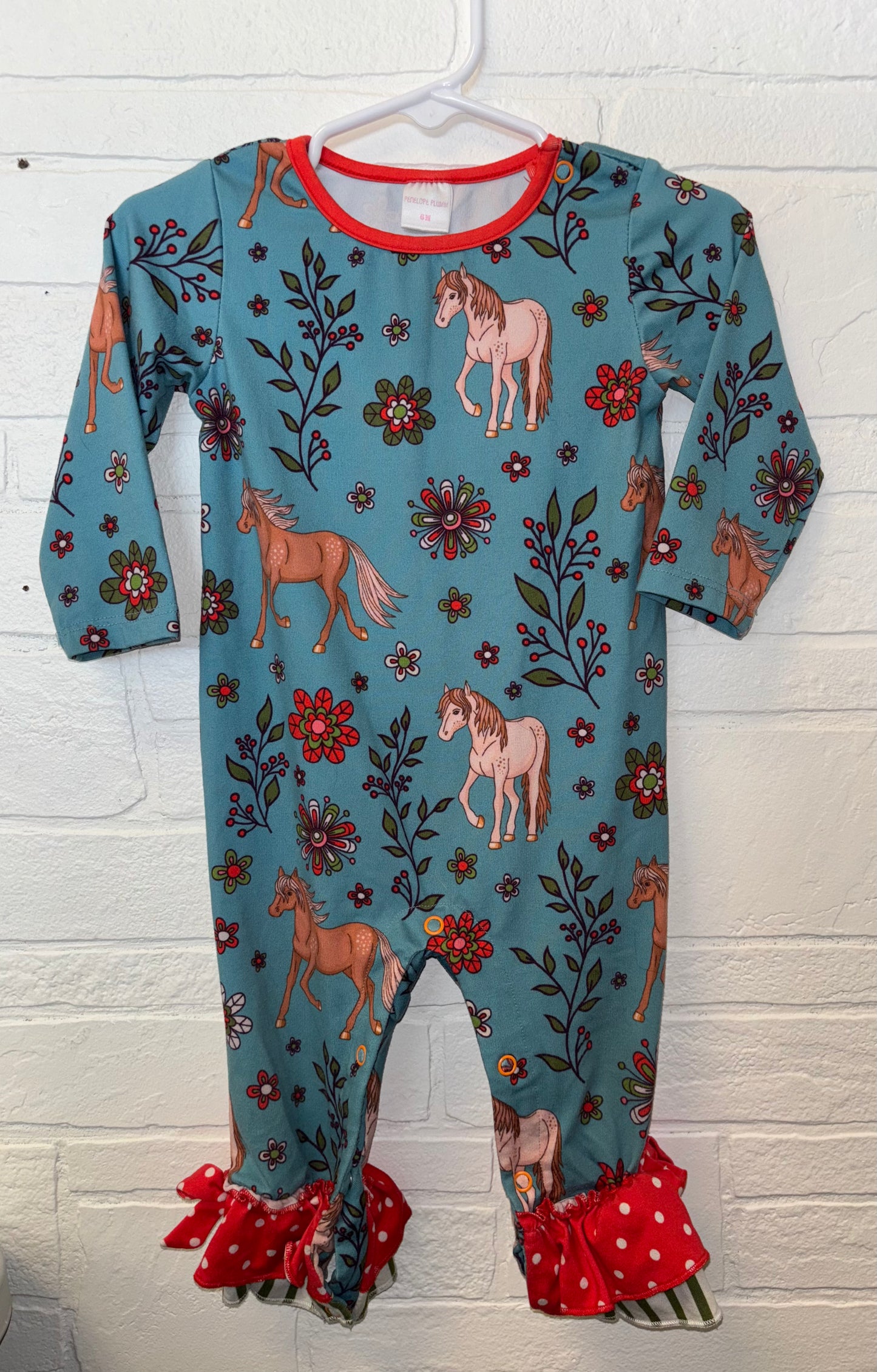 6M Penelope Plumm Blue Horse/Floral Long Sleeve Romper