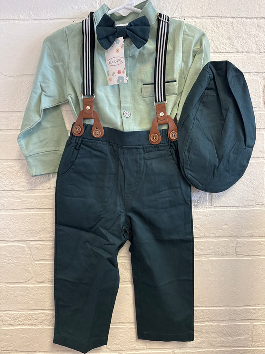 18-24m NEW Sage Green Suspenders + BowTie & Hat Set