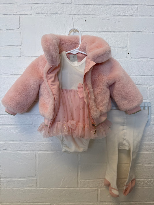 3/6M Pink Tulle Romper W/Fur Coat & Tights