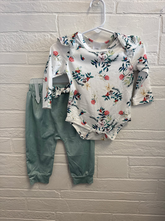 3-6m Floral Onesie+Mint Green Pants Set