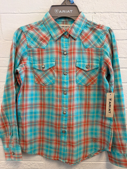 M(10) NEW Ariat Teal+Orange Pearl Snap