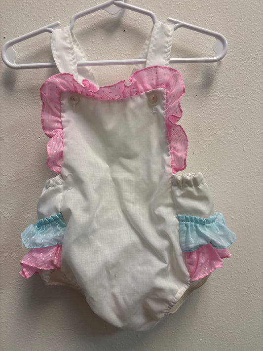 6-12m (no size) Vintage White Pink Blue Bubble Romper