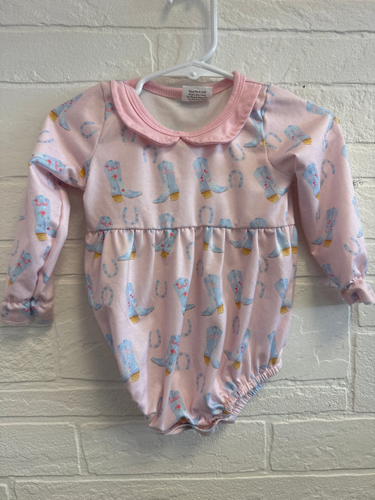 3-6m Pink Cowboy Boots + Horseshoes Bubble Romper