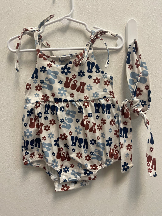 80 (12/18m) USA Retro Romper + Headband