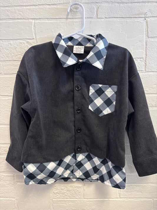 L(5t) NEW Black Corduroy + Plaid Button Up