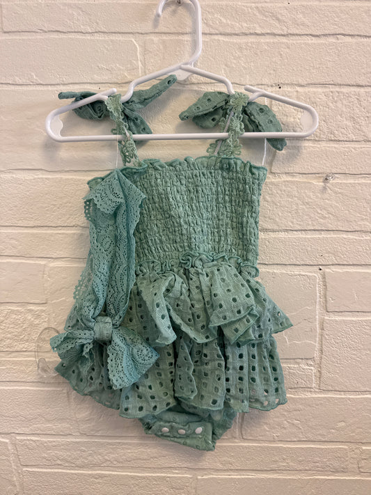 9/12m NEW Sage Lace Romper+Bow