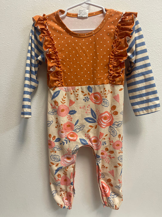 12/18m Blue + Orange Stripe and Floral Romper