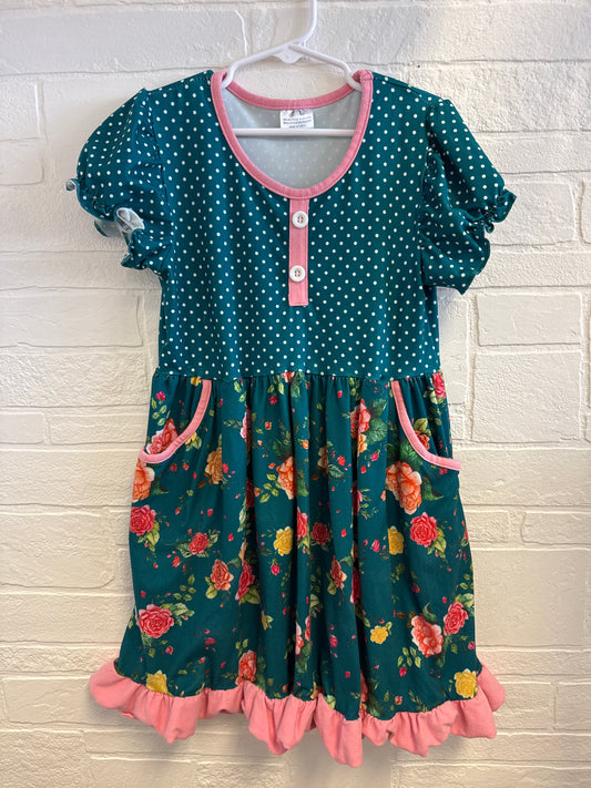 2XL (6/7) Pink Green Dots & Flowers Dress