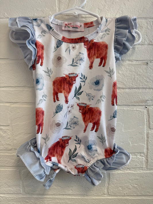6-12m Clover Cottage Highland Cow Bubble Romper