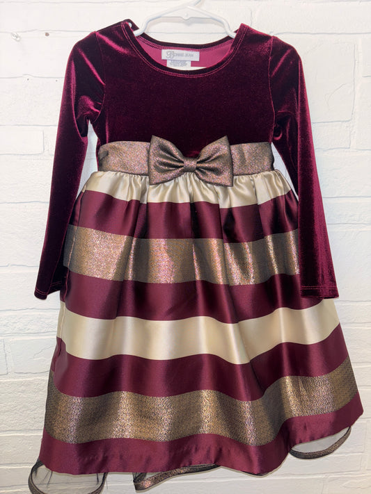 4T Bonnie Jean Maroon & Gold Velvet Stripped Long Sleeve Dress