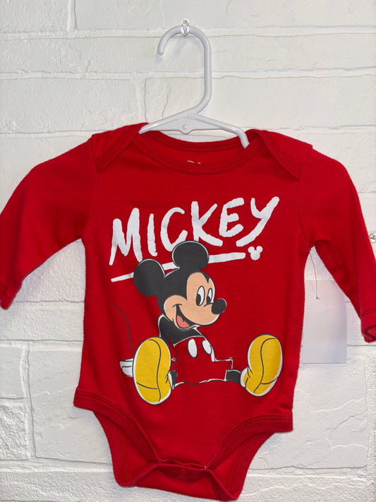 0-3m Red Mickey Long Sleeve Onesie