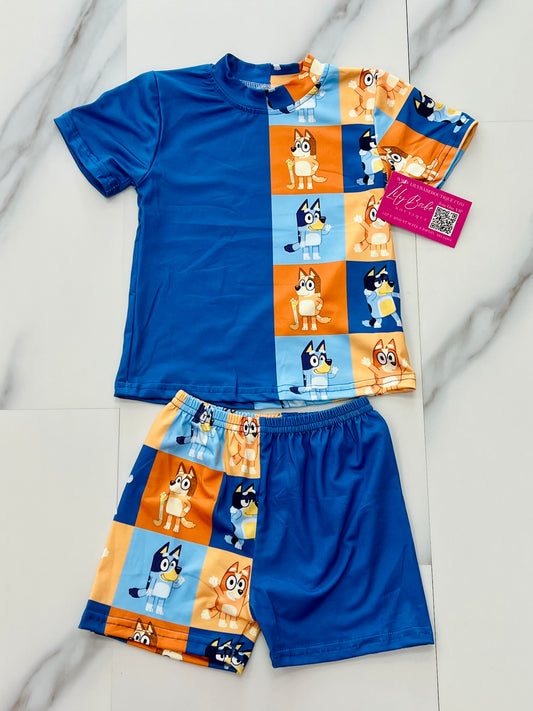 Blue Orange Checkered Dog Boy 2 Piece Set