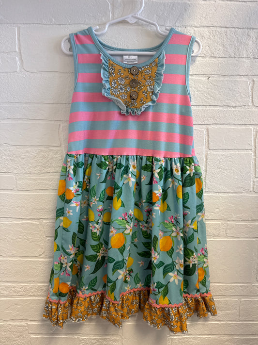2XL (6/7) Pink Blue Stripe Lemon Dress