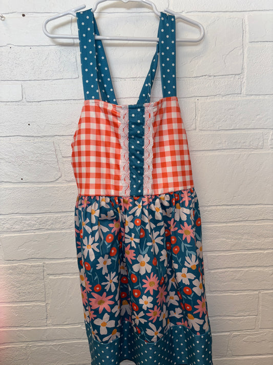 5XL (7/8) Ruffle Girl Orange Plaid & Blue Floral Adjustable Strap Dress