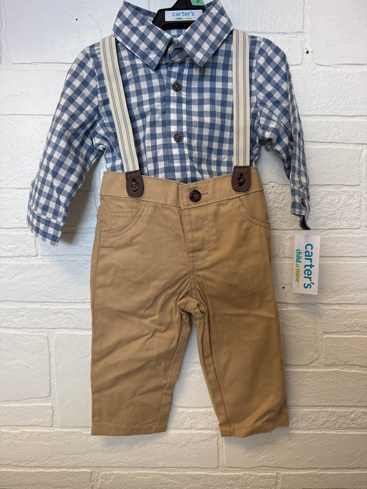 6-9m NWT Carters Blue Plaid Button Up & Suspenders