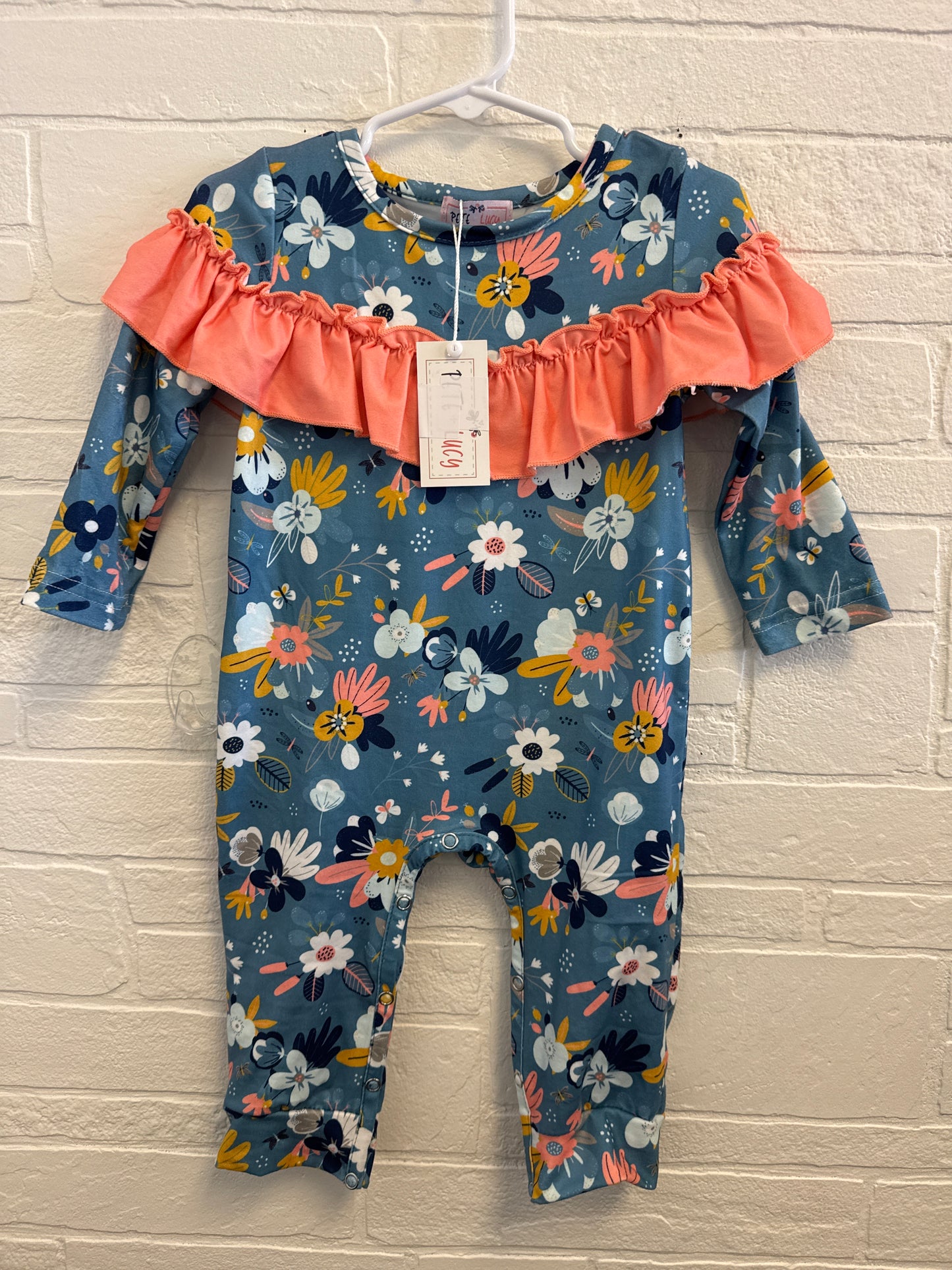 9/12m NEW Pete & Lucy Blue+Coral Floral Romper