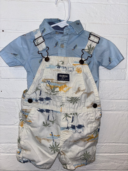12m OshKosh Blue Button Down w Tropical Overall Short Set