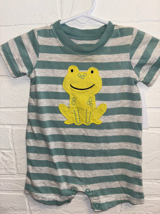 0-3m Green Stripe Frog Short Romper