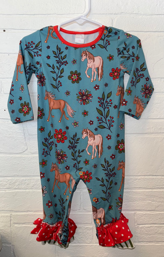 6M Penelope Plumm Blue Horse/Floral Long Sleeve Romper